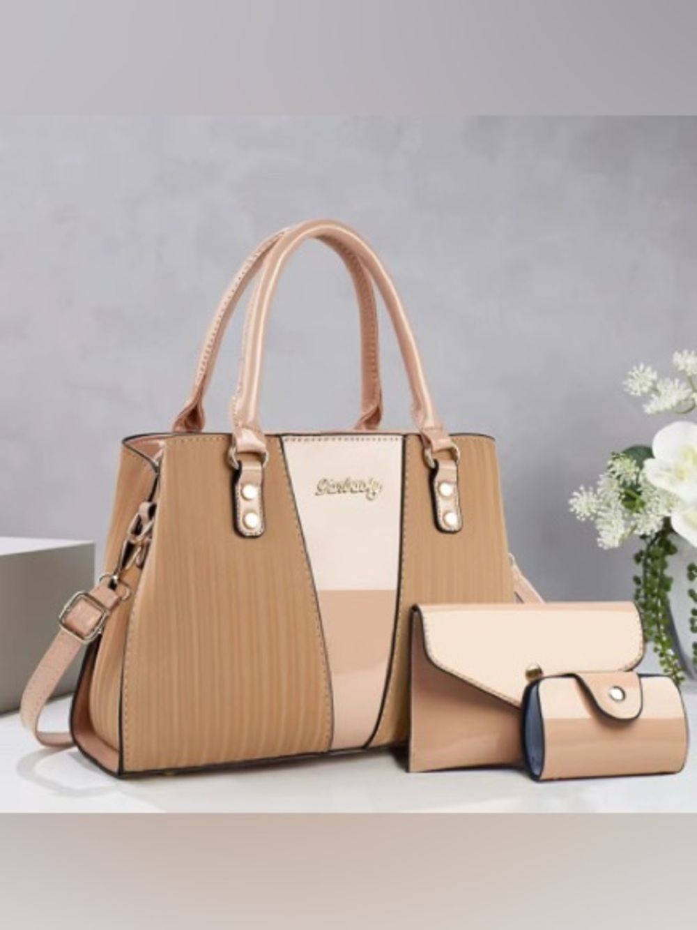 Beige & Cream Structured Tote Bag Set